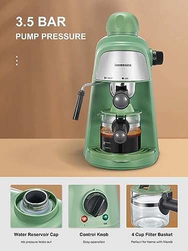 Ihomekee Espresso Machine, 3.5Bar Espresso and Cappuccino Machine with Preheating Function, 4 Cup Coffee Maker with Milk Frothing Function and Steam Wand (Green), CM6810