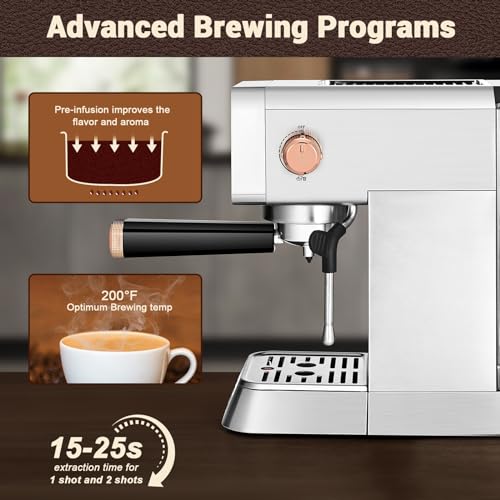 Mecity 20 Bar Espresso Machine with Milk Frother, Brushed Stainless Steel Shell, 37 fl.Oz Water Reservoir, Coffee Maker For Espresso, Latte, Mocha, Americano. 1400W