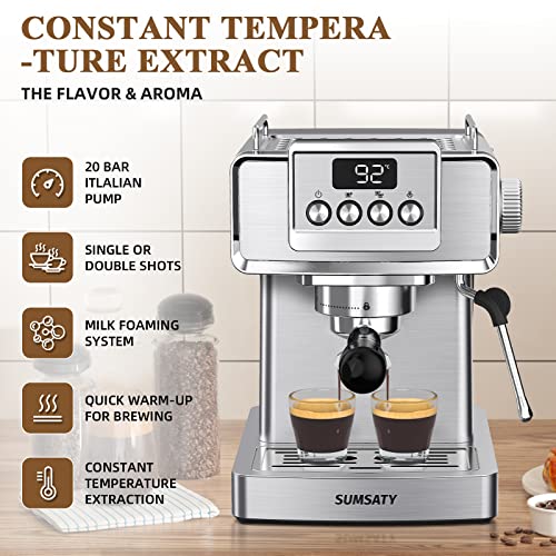 SUMSATY Espresso Machine, Stainless Steel Espresso Machine with Milk Frother for Latte, Cappuccino, Machiato,for Home Espresso Maker, 1.8L Water Tank, 20 Bar