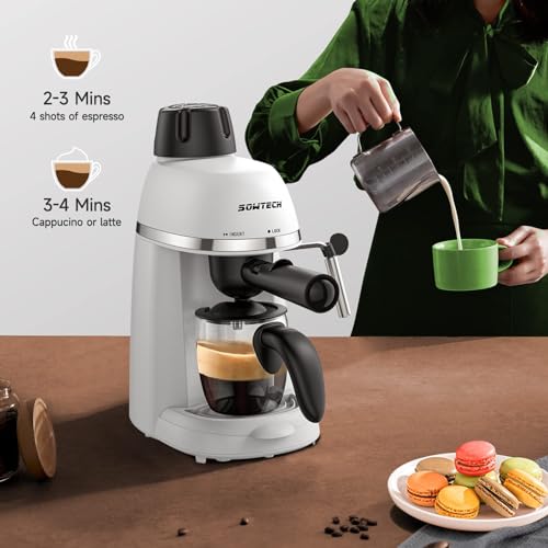 SOWTECH Espresso Coffee Machine Cappuccino Latte Maker 3.5 Bar 1-4 Cup with Steam Milk Frother White