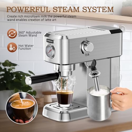 Pokk Espresso Machine 20 Bar, Professional Espresso Maker with Milk Frother Steam Wand, Stainless Steel Espresso Coffee Machine with 50oz Removable Water Tank, Cappuccino Machine Gift for Dad Mom