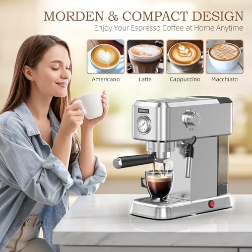 Pokk Espresso Machine 20 Bar, Professional Espresso Maker with Milk Frother Steam Wand, Stainless Steel Espresso Coffee Machine with 50oz Removable Water Tank, Cappuccino Machine Gift for Dad Mom