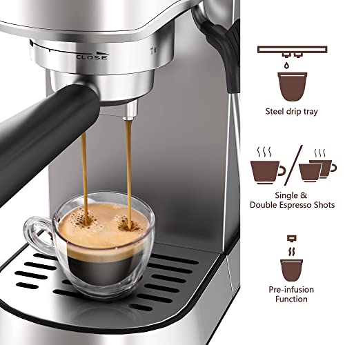 wirsh Espresso Machine,20 Bar Espresso Maker with Commercial Steamer for Latte and Cappuccino, Expresso Coffee Machine with 42 oz Removable Water Tank, Full Stainless Steel (Home Barista)