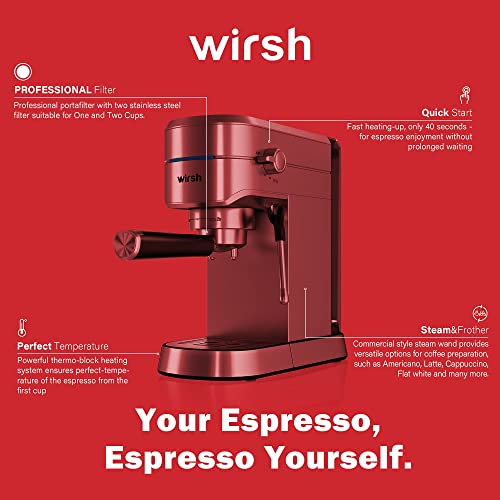 wirsh Espresso Machine,20 Bar Espresso Maker with Commercial Steamer for Latte and Cappuccino, Expresso Coffee Machine with 42 oz Removable Water Tank, Full Stainless Steel (Home Barista)