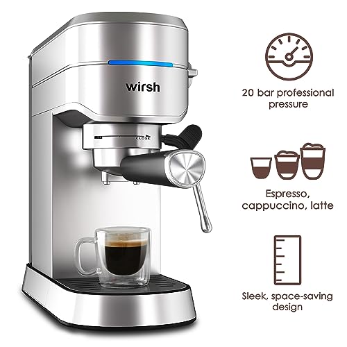 wirsh Espresso Machine,20 Bar Espresso Maker with Commercial Steamer for Latte and Cappuccino, Expresso Coffee Machine with 42 oz Removable Water Tank, Full Stainless Steel (Home Barista)