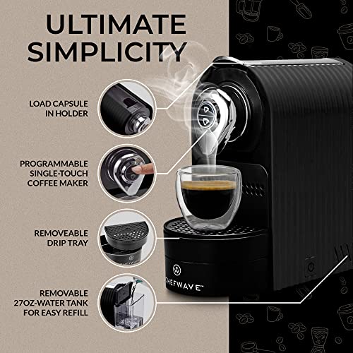 ChefWave Espresso Machine and Coffee Maker (Black) - Compatible with Nespresso Capsules, Programmable, One-Touch, Italian 20 Bar High-Pressure Pump Bundle with Pod Holder and Glasses