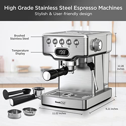 Geek Chef Espresso Machine, 20 Bar Espresso Maker with Milk Frother Steam Wand, Compact Coffee Machine with for Cappuccino,Latte, Fast Heating, Stainless Steel