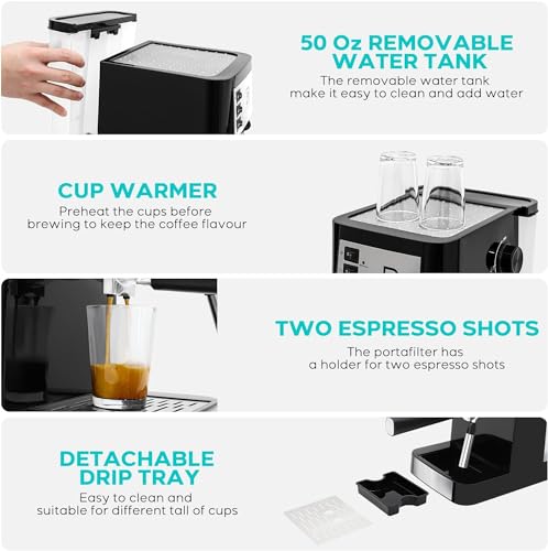CASABREWS 20 Bar Espresso Machine, Coffee Maker with Steam Milk Frother, Professional Espresso Maker and Cappuccino Machine with 50oz Removable Water Tank, Gift for Men Women