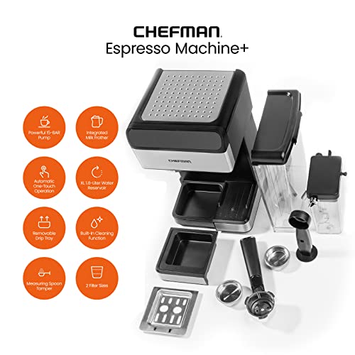 Chefman 6-in-1 Espresso Machine with Built-In Milk Frother, 15-BAR Pump, Digital Display, One-Touch Single or Double Shot for Cappuccinos and Lattes, XL 1.8-L Water Reservoir, Stainless Steel