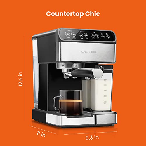 Chefman 6-in-1 Espresso Machine with Built-In Milk Frother, 15-BAR Pump, Digital Display, One-Touch Single or Double Shot for Cappuccinos and Lattes, XL 1.8-L Water Reservoir, Stainless Steel