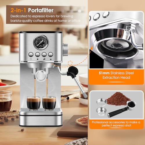 Sparkfire Espresso Machine Coffee Makers 20 Bar,Stainless Steel Espresso Machine with Milk Frother/Steam Wand for Espresso, Latte and Cappuccino