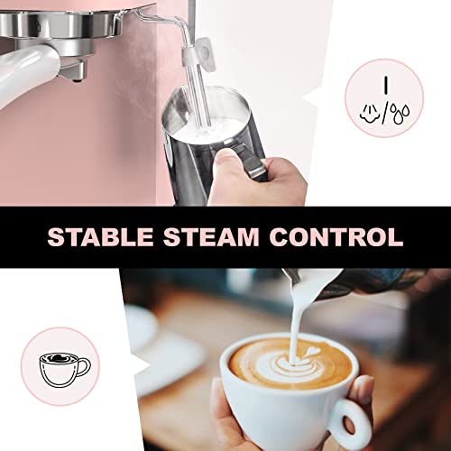 Laekerrt Professional Espresso Machine 20 Bar, Espresso Maker with Milk Frother Steam Wand, Stainless Steel Home Coffee Machines for Cappuccino and Latte, Gift for Women Wife Daughter or Mom, Pink