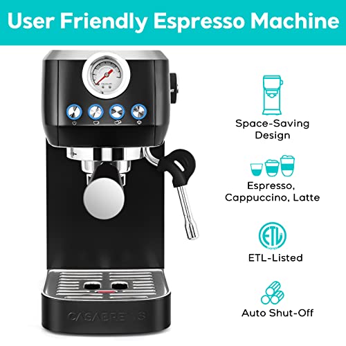 CASABREWS Espresso Coffee Machine With Steamer, 20 Bar Compact Espresso Machine, Stainless Steel Cappuccino and Latte Machine With 43.9 oz Removable Water Tank, Black