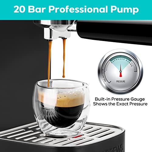 CASABREWS Espresso Coffee Machine With Steamer, 20 Bar Compact Espresso Machine, Stainless Steel Cappuccino and Latte Machine With 43.9 oz Removable Water Tank, Black
