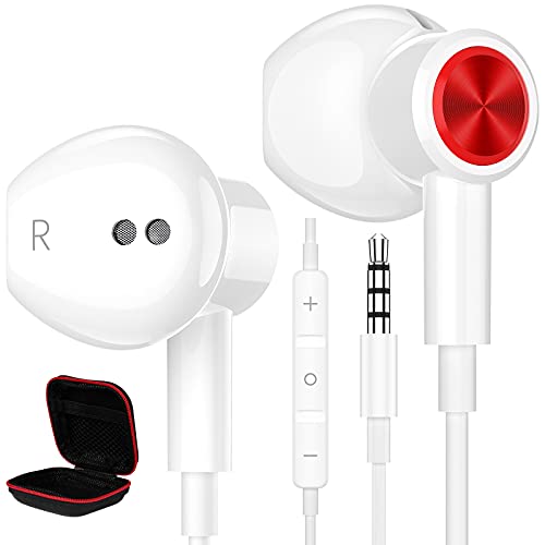 ACAGET Wired Earbuds for Samsung Galaxy A14 A23 S10 S9 A15 A25, 3.5mm Wired Headphones Noise Cancelling Earphone Magnetic Headset Mic & Volume Control with Carrying Case for iPhone 6s 6 5S 5 SE White