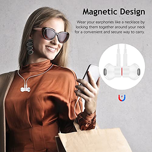 ACAGET Wired Earbuds for Samsung Galaxy A14 A23 S10 S9 A15 A25, 3.5mm Wired Headphones Noise Cancelling Earphone Magnetic Headset Mic & Volume Control with Carrying Case for iPhone 6s 6 5S 5 SE White