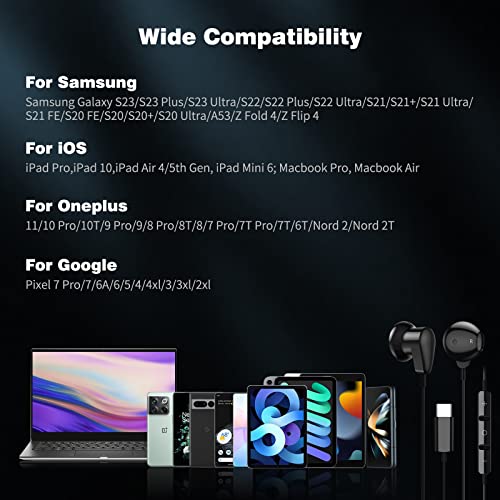 ACAGET USB Type C Headphones for Samsung S24 S23 S22 Ultra S21 FE A54 Galaxy Z Fold 5 Flip 4 Setero Android Earphones Headset with Microphone Wired USB C Earbuds for iPhone 15 Pro Max iPad Pro Black