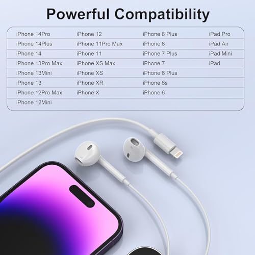 2 Packs-for iPhone Headphones Wired with Lightning Earphones (Built-in Microphone & Volume Control) Support for iPhone 14/13/12/11/XR/XS/X/8/7/SE/Pro/Pro Max