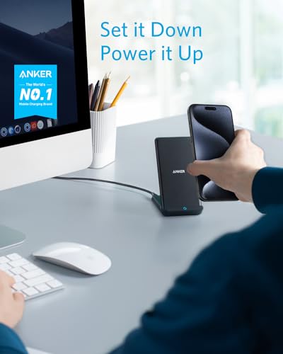 Anker 313 Wireless Charger (Stand), Qi-Certified for iPhone 15/15 Pro/15 Pro Max/14/14 Pro Max, 10W Fast-Charging Galaxy S20, S10 (No AC Adapter)