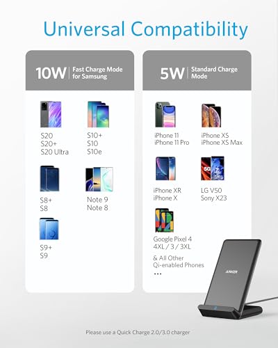 Anker 313 Wireless Charger (Stand), Qi-Certified for iPhone 15/15 Pro/15 Pro Max/14/14 Pro Max, 10W Fast-Charging Galaxy S20, S10 (No AC Adapter)