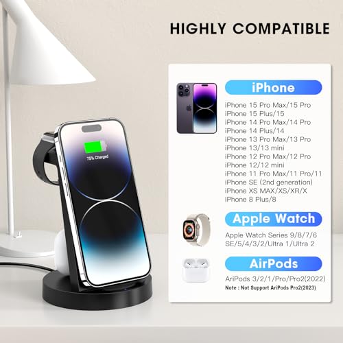 3 in 1 Charging Station for iPhone, Wireless Charger for iPhone 15 14 13 12 11 X Pro Max & Apple Watch - Charging Stand Dock for AirPods