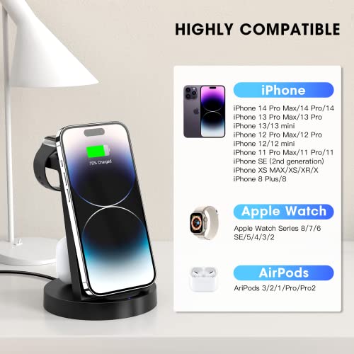 3 in 1 Charging Station for iPhone, Wireless Charger for iPhone 15 14 13 12 11 X Pro Max & Apple Watch - Charging Stand Dock for AirPods