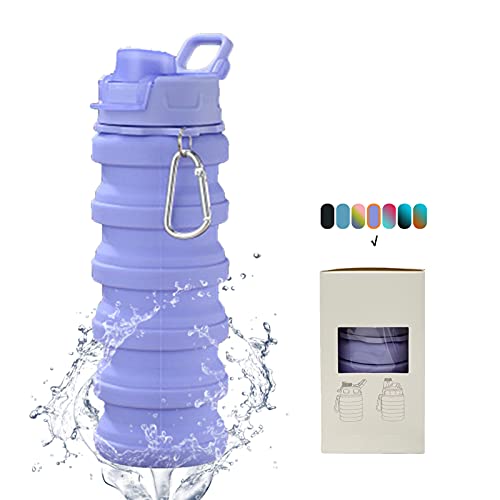 Collapsible Water Bottles - Water Cup 16oz BPA Free Silicone Foldable Water Bottles Kids - Hiking Travel Water Bottle Collapsible Cup Portable Leak Proof Sports Kids Water Bottle with Carabiner-Purple