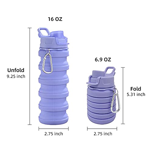 Collapsible Water Bottles - Water Cup 16oz BPA Free Silicone Foldable Water Bottles Kids - Hiking Travel Water Bottle Collapsible Cup Portable Leak Proof Sports Kids Water Bottle with Carabiner-Purple