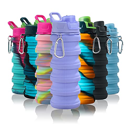 Collapsible Water Bottles - Water Cup 16oz BPA Free Silicone Foldable Water Bottles Kids - Hiking Travel Water Bottle Collapsible Cup Portable Leak Proof Sports Kids Water Bottle with Carabiner-Purple