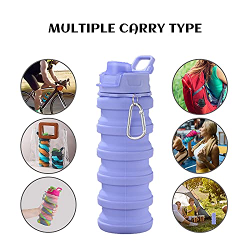 Collapsible Water Bottles - Water Cup 16oz BPA Free Silicone Foldable Water Bottles Kids - Hiking Travel Water Bottle Collapsible Cup Portable Leak Proof Sports Kids Water Bottle with Carabiner-Purple