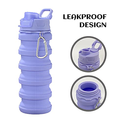 Collapsible Water Bottles - Water Cup 16oz BPA Free Silicone Foldable Water Bottles Kids - Hiking Travel Water Bottle Collapsible Cup Portable Leak Proof Sports Kids Water Bottle with Carabiner-Purple