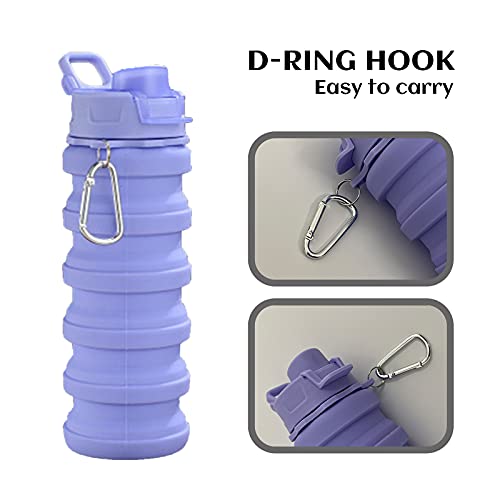 Collapsible Water Bottles - Water Cup 16oz BPA Free Silicone Foldable Water Bottles Kids - Hiking Travel Water Bottle Collapsible Cup Portable Leak Proof Sports Kids Water Bottle with Carabiner-Purple