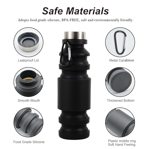 Mitour Collapsible Water Bottles Cups - 550ml Reusable BPA Free Silicone Foldable Travel Water Bottle Cup Sports & Fitness Essential for Running,Travel, and Gym Camping Hiking Lightweight Durable