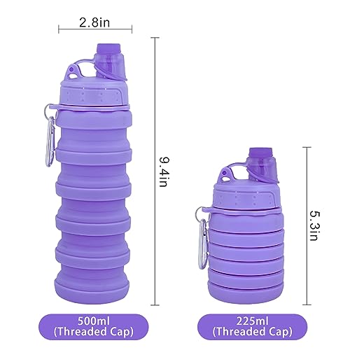 YCTMALL Collapsible Water Bottles Two Pack Travel Sports Portable Sport Water Bottle comes with mountaineering Buckle 500ml silicone Water-proof camping water bottle (Purple and Grey Color)