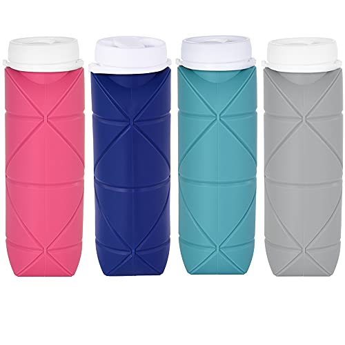 SPECIAL MADE Collapsible Water Bottles Leakproof Valve Reuseable BPA Free Silicone Foldable Water Bottle for Gym Camping Hiking Travel Sports Lightweight Durable 20oz (4 color mix 2nd version)