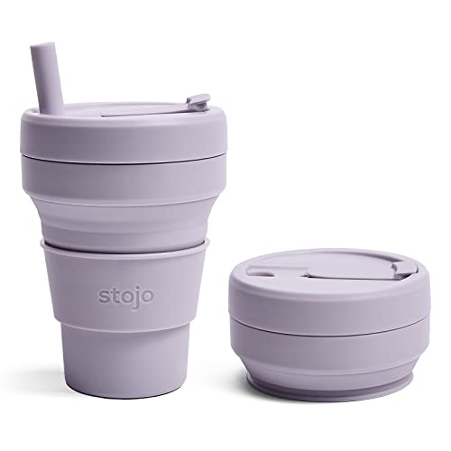STOJO Jr Collapsible Travel Cup with Straw for Kids - Lilac Purple, 8oz / 250ml - Leak-Proof Reusable To-Go Pocket Size Silicone Bottle for Hot & Cold Drinks - Camping & Hiking - Dishwasher Safe