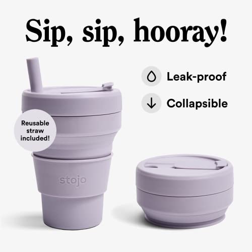 STOJO Jr Collapsible Travel Cup with Straw for Kids - Lilac Purple, 8oz / 250ml - Leak-Proof Reusable To-Go Pocket Size Silicone Bottle for Hot & Cold Drinks - Camping & Hiking - Dishwasher Safe