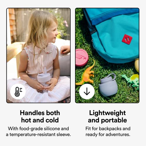 STOJO Jr Collapsible Travel Cup with Straw for Kids - Lilac Purple, 8oz / 250ml - Leak-Proof Reusable To-Go Pocket Size Silicone Bottle for Hot & Cold Drinks - Camping & Hiking - Dishwasher Safe