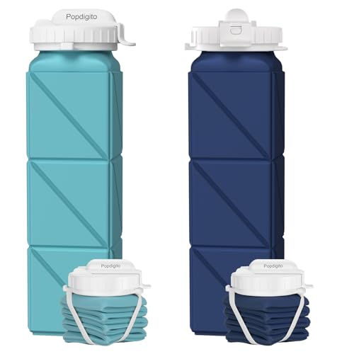Popdigito 2 pack Collapsible Water Bottles Leakproof Lid –Food-Grade BPA-Free Silicone Travel Bottles –Foldable Water Bottle 610ml &straw for Outdoor Travel Gym,Hiking,Sports,Camping,Biking Reusable