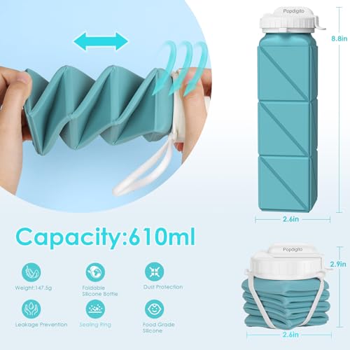 Popdigito 2 pack Collapsible Water Bottles Leakproof Lid –Food-Grade BPA-Free Silicone Travel Bottles –Foldable Water Bottle 610ml &straw for Outdoor Travel Gym,Hiking,Sports,Camping,Biking Reusable