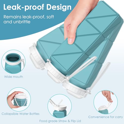 Popdigito 2 pack Collapsible Water Bottles Leakproof Lid –Food-Grade BPA-Free Silicone Travel Bottles –Foldable Water Bottle 610ml &straw for Outdoor Travel Gym,Hiking,Sports,Camping,Biking Reusable