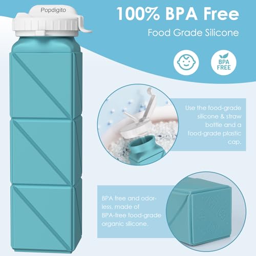 Popdigito 2 pack Collapsible Water Bottles Leakproof Lid –Food-Grade BPA-Free Silicone Travel Bottles –Foldable Water Bottle 610ml &straw for Outdoor Travel Gym,Hiking,Sports,Camping,Biking Reusable