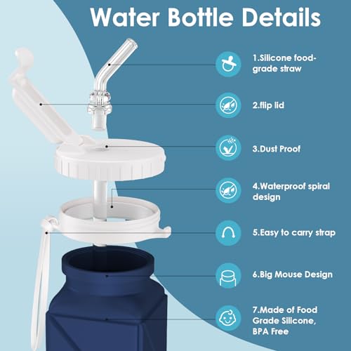 Popdigito 2 pack Collapsible Water Bottles Leakproof Lid –Food-Grade BPA-Free Silicone Travel Bottles –Foldable Water Bottle 610ml &straw for Outdoor Travel Gym,Hiking,Sports,Camping,Biking Reusable