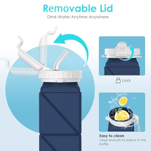 Popdigito 2 pack Collapsible Water Bottles Leakproof Lid –Food-Grade BPA-Free Silicone Travel Bottles –Foldable Water Bottle 610ml &straw for Outdoor Travel Gym,Hiking,Sports,Camping,Biking Reusable