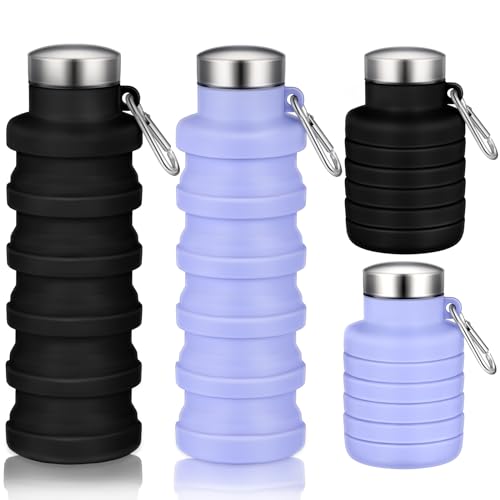 Baderke 2 Pcs 17oz Collapsible Water Bottles for Travel 500ml Reusable Foldable Silicone Water Bottle with Portable Buckle Silicone for Camping Hiking Sport(Purple, Black)