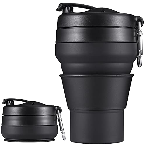 EASYXQ Collapsible Travel Cup, 20 OZ 600ml Silicone Folding Camping Cup, Leak Proof BPA Free Portable Cup, Sport Bottle with Lids for hiking (Black)