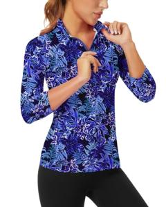 Women's Half Zip Athletic Pullover Shirt - Blue Leaf