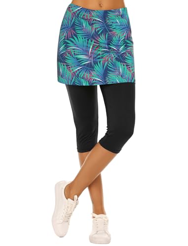 Ekouaer Women Cyan Leaf Pickleball Skort Leggings