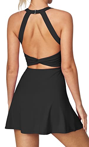 Women's Black Twisted Tennis Dress with Built-In Bra