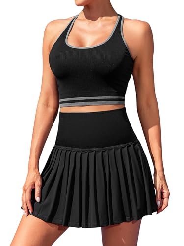 ATTRACO Women's Pleated Skirt Tennis Dress Set Black